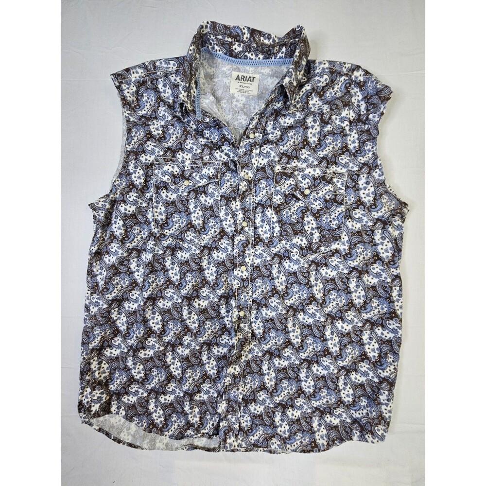 Ariat Shirt Men's XL Paisley Pearl Snap Sleeveless Raw Hem Chore Western Cowboy